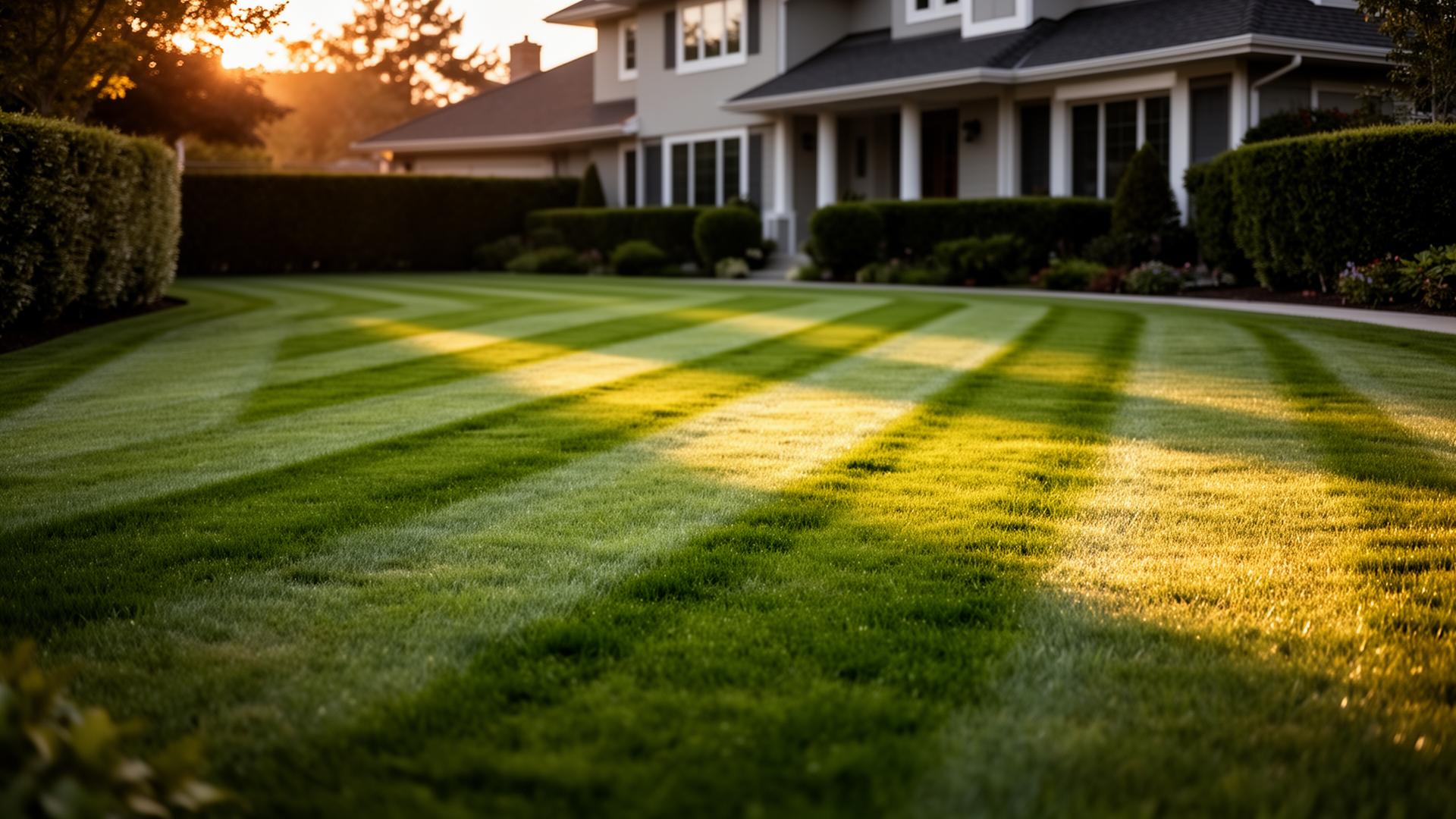 Perfectly manicured lawn with mowing stripes at golden hour